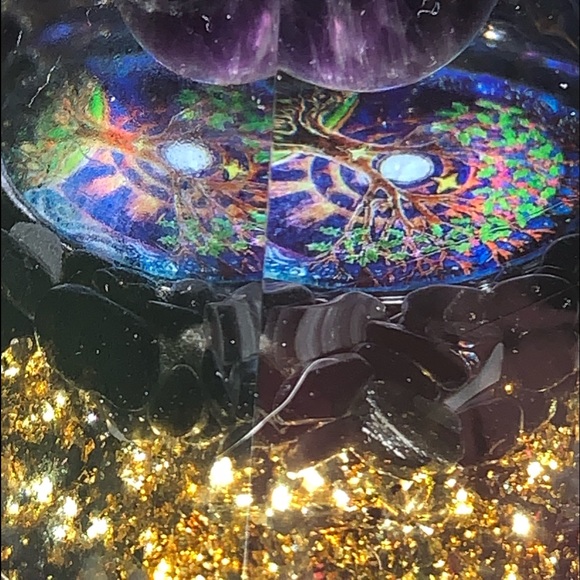 New Orgonite Resin Encased Amethyst Sphere TreeofLife Gold Leaf Crystal Pyramid - Picture 9 of 16